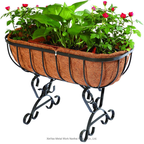 Rectangular Metal Flower Basket Planter Stand with Two Legs and Coco Liner