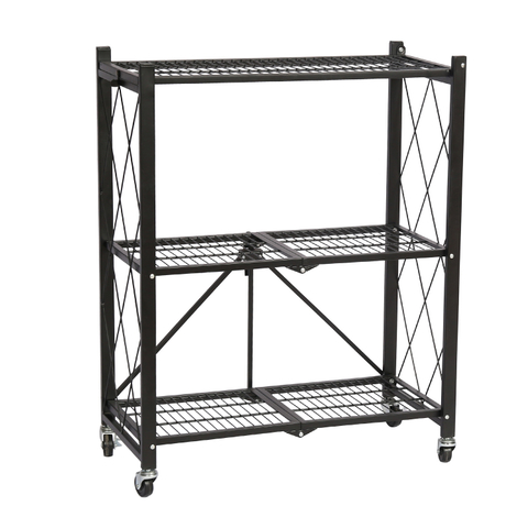 Black, Strong/Foldable 3 Tiers Household Book Shelf Metal Storage Shelving with Wheels