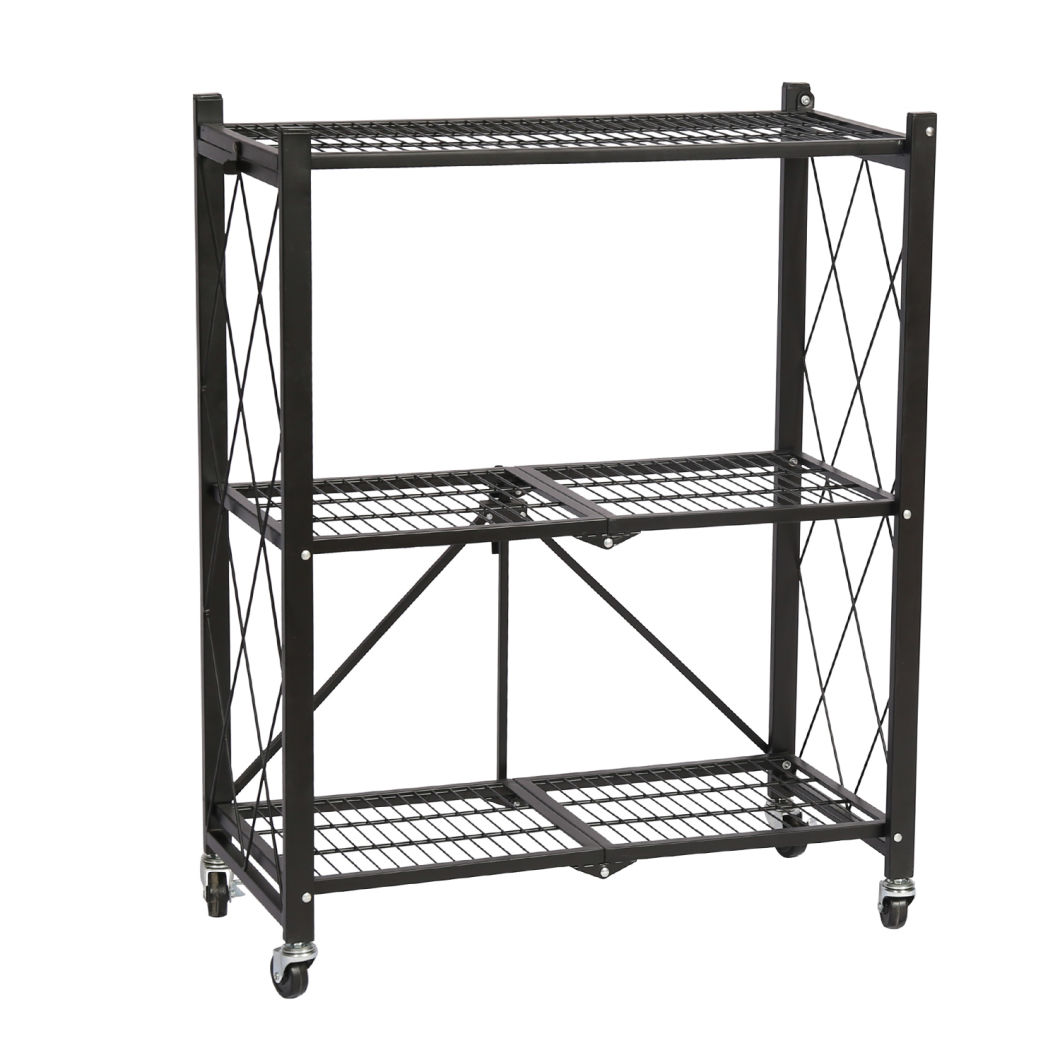 Strong/Foldable 3 Tiers Household Book Shelf Metal Storage Shelving with Wheels